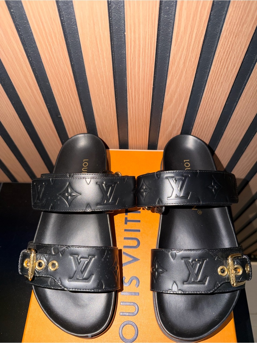 Louis Vuitton Black Embossed Monogram Double-Strap Slide Sandals - Picture 1 of 15
